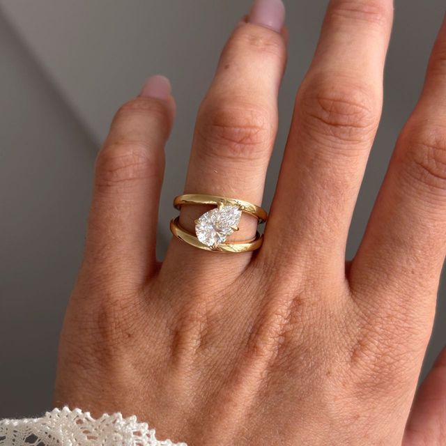 1.90 Carat Lab Grown Pear Diamond Double Split Band Bespoke Engagement Ring in Yellow Gold