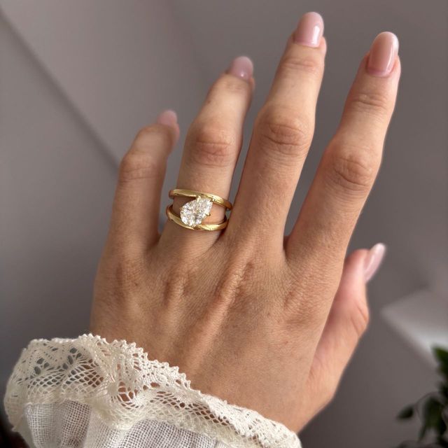 1.90 Carat Lab Grown Pear Diamond Double Split Band Bespoke Engagement Ring in Yellow Gold
