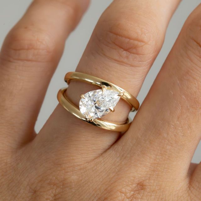1.90 Carat Lab Grown Pear Diamond Double Split Band Bespoke Engagement Ring in Yellow Gold