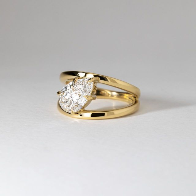 1.90 Carat Lab Grown Pear Diamond Double Split Band Bespoke Engagement Ring in Yellow Gold