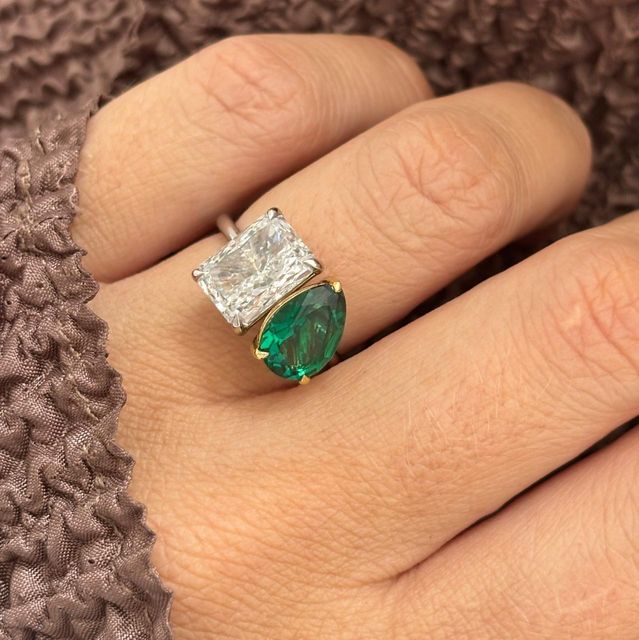 3.50 Carat Lab Grown Radiant Diamond and Pear Green Emerald Toi Et Moi Engagement Ring in Two Tone