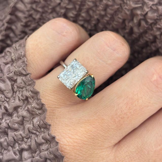 3.50 Carat Lab Grown Radiant Diamond and Pear Green Emerald Toi Et Moi Engagement Ring in Two Tone