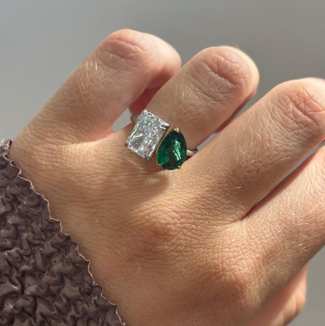 3.50 Carat Lab Grown Radiant Diamond and Pear Green Emerald Toi Et Moi Engagement Ring in Two Tone