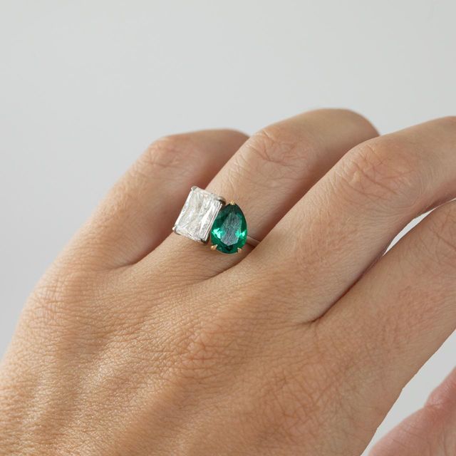 3.50 Carat Lab Grown Radiant Diamond and Pear Green Emerald Toi Et Moi Engagement Ring in Two Tone