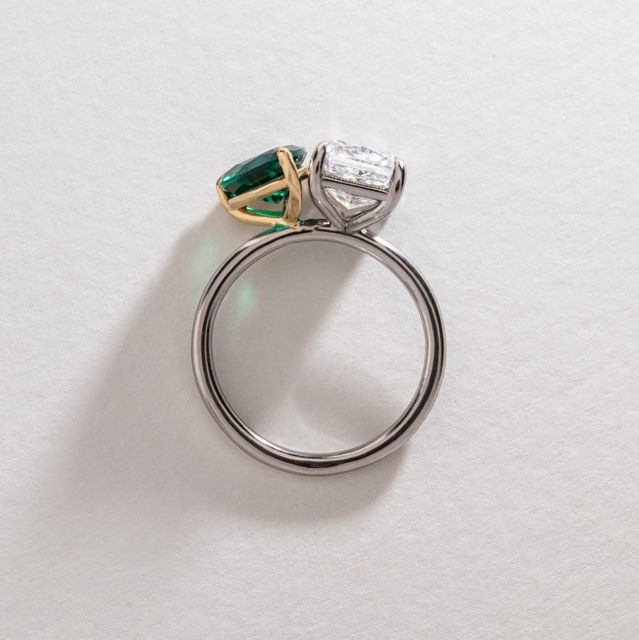 3.50 Carat Lab Grown Radiant Diamond and Pear Green Emerald Toi Et Moi Engagement Ring in Two Tone