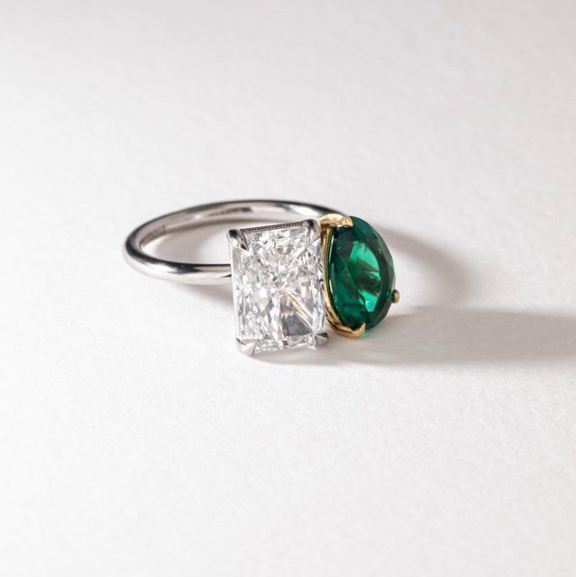 3.50 Carat Lab Grown Radiant Diamond and Pear Green Emerald Toi Et Moi Engagement Ring in Two Tone