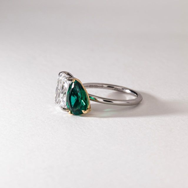 3.50 Carat Lab Grown Radiant Diamond and Pear Green Emerald Toi Et Moi Engagement Ring in Two Tone