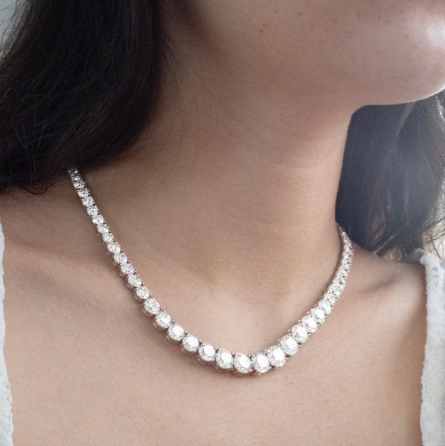 55 Carat Lab Grown Round Diamond Graduated Line Necklace in 9K White Gold