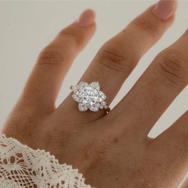 2 Carat Lab Grown Round Diamond Floral Engagement Ring in Platinum - Jasmine