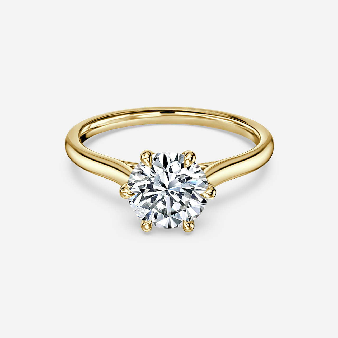 6 Prong Yellow Gold Solitaire Engagement Ring Tapering Band