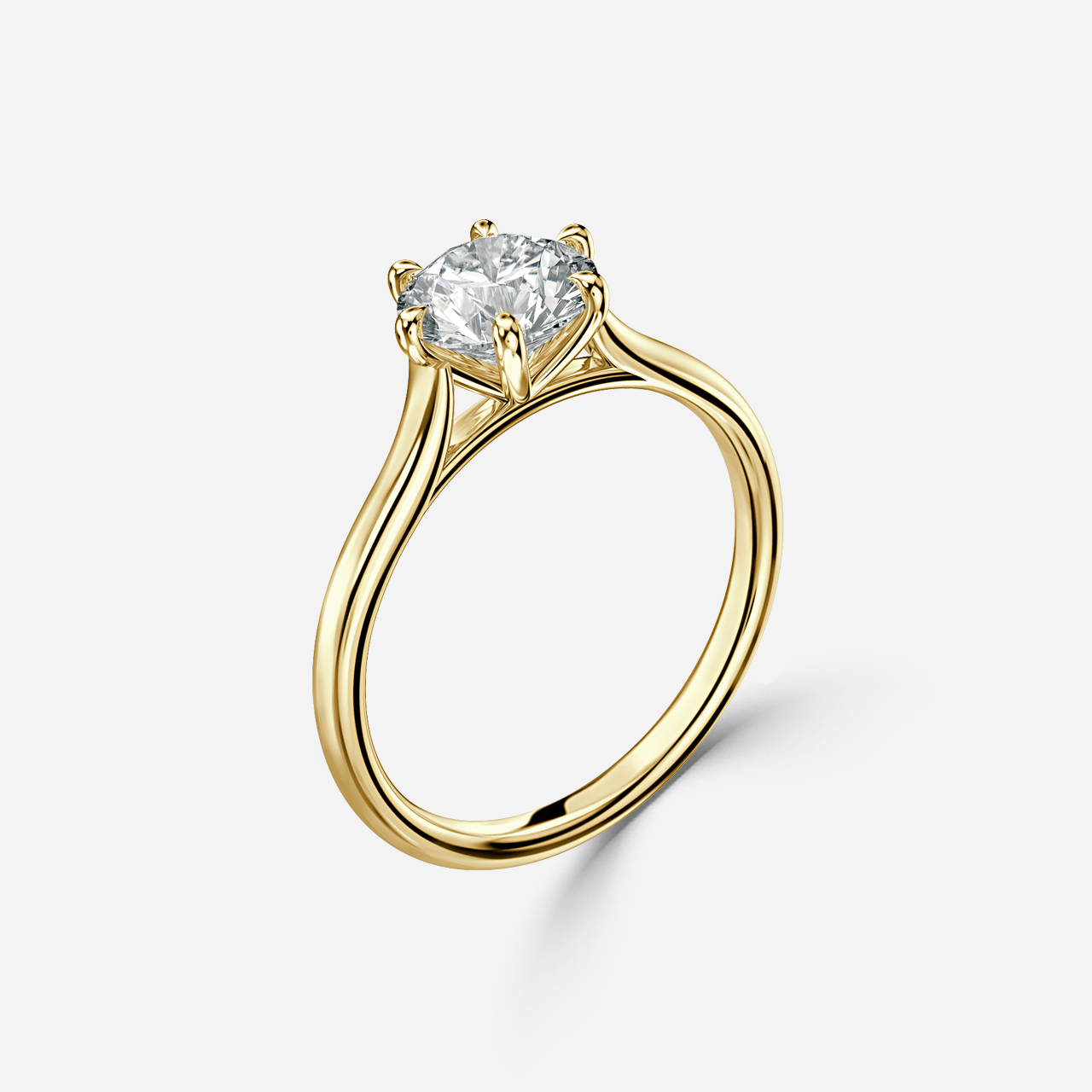 6 Prong Yellow Gold Solitaire Engagement Ring Tapering Band