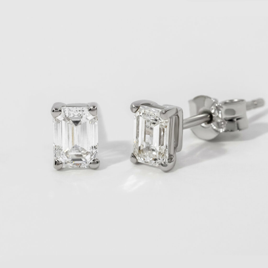 Emerald Cut  Diamond Stud Earrings In White Gold