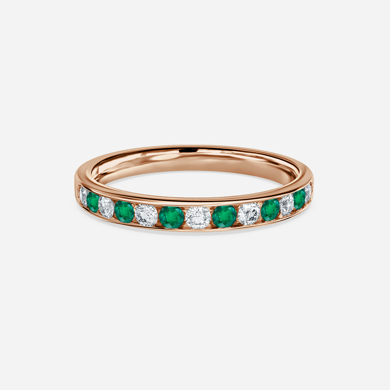 Channel Set Green Emerald And Diamond Ring In Rose Gold