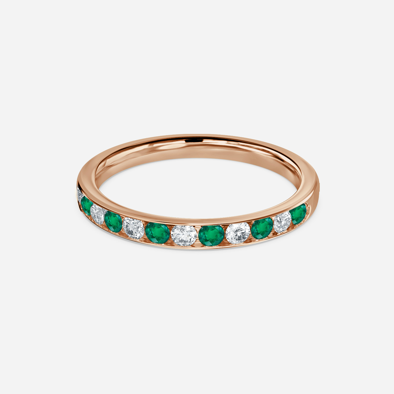 Channel Set Green Emerald And Diamond Ring In Rose Gold