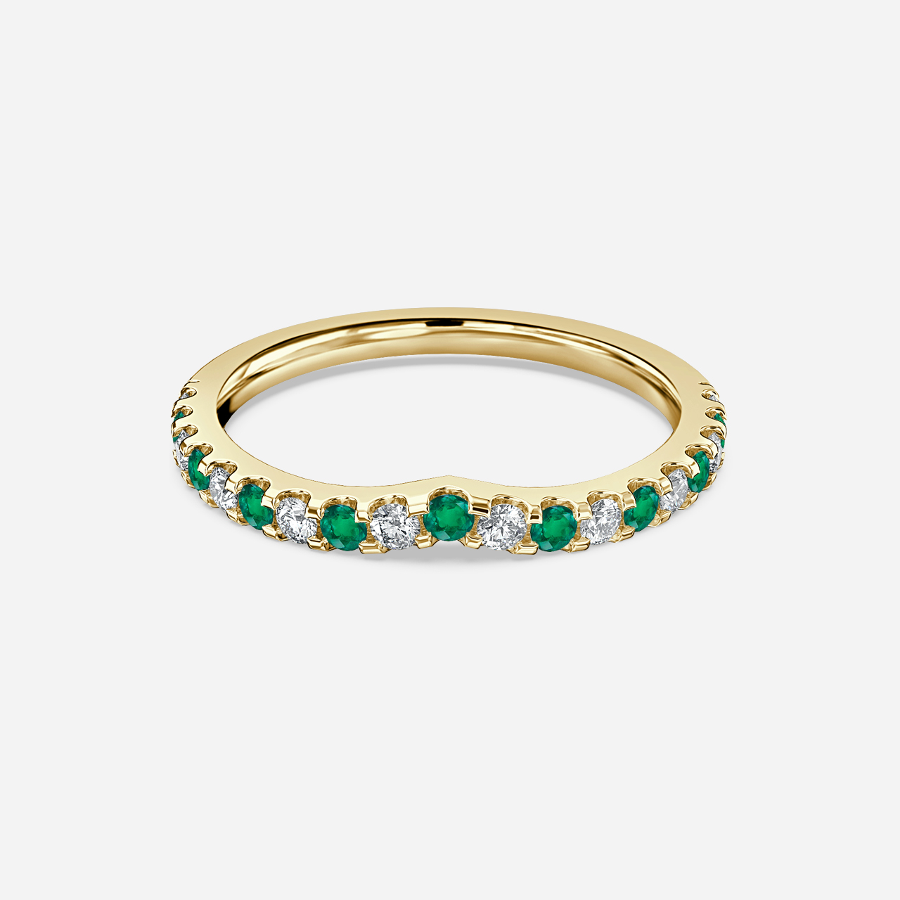 Curved Yellow Gold Claw Set With Diamond And Green Emerald