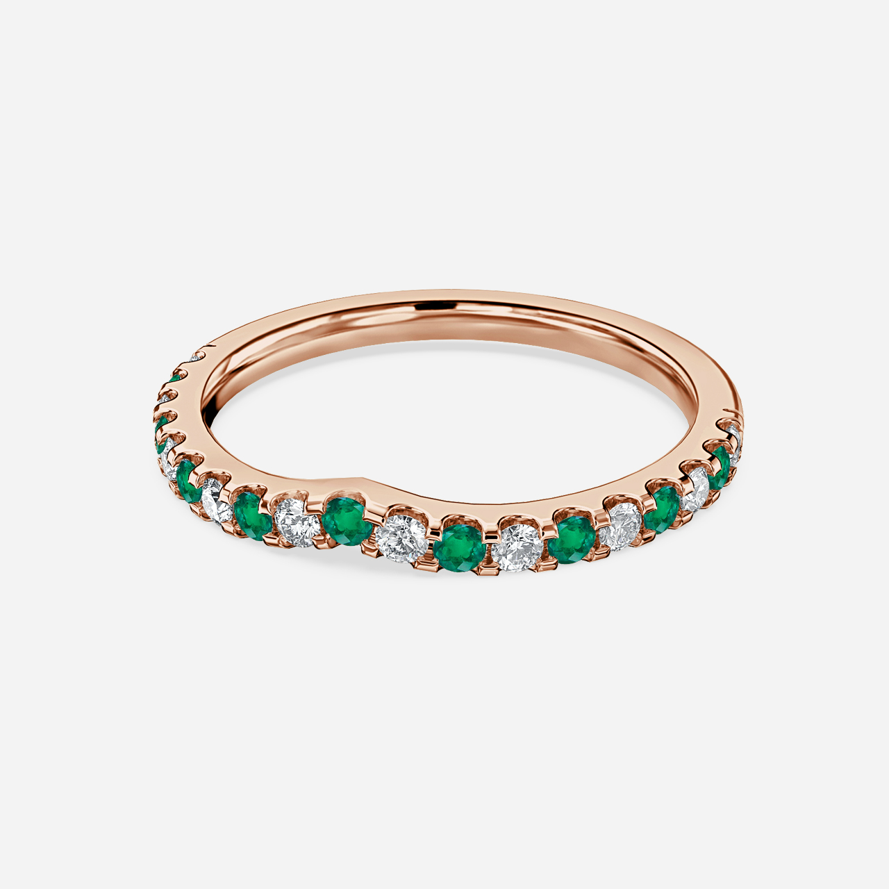 Curved Rose Gold Claw Set With Diamond And Green Emerald
