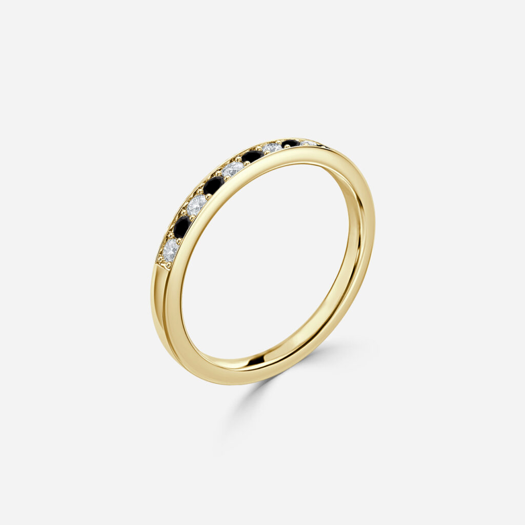 Black Diamond And Diamond Wedding Ring Grain Set In Yellow Gold
