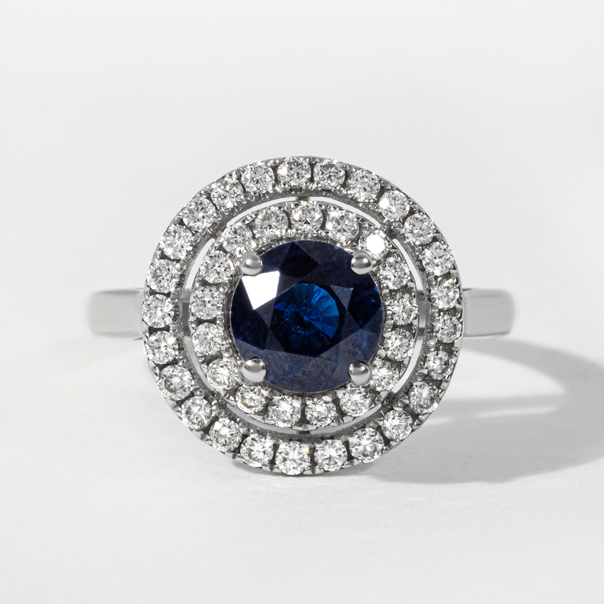 Round Sapphire Double Halo Engagement Ring