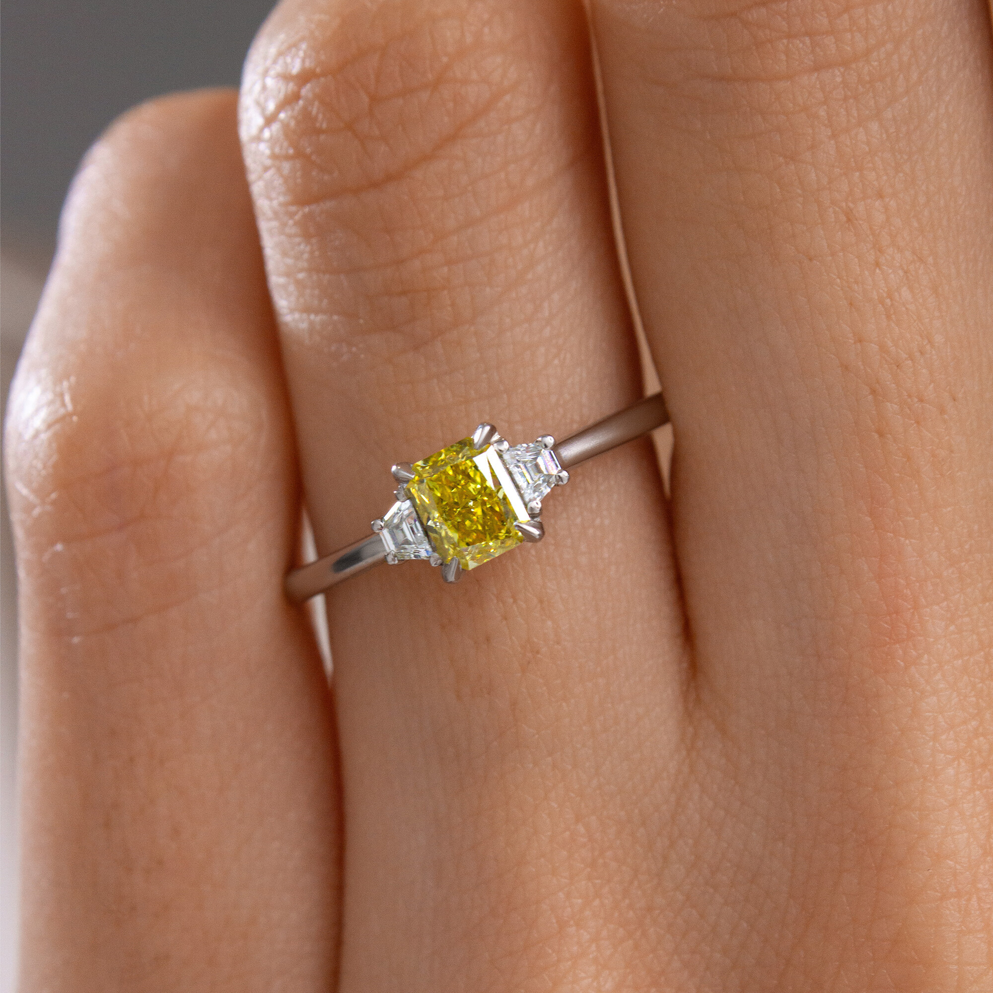 Radiant Cut Natural Fancy Yellow Diamond Trilogy Engagement Ring