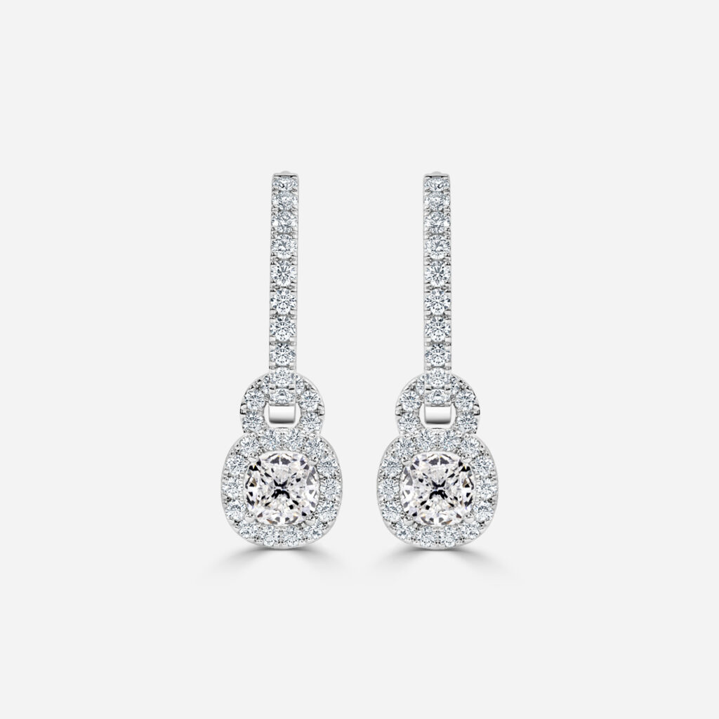 Halo Drop Cushion Earring In White Gold