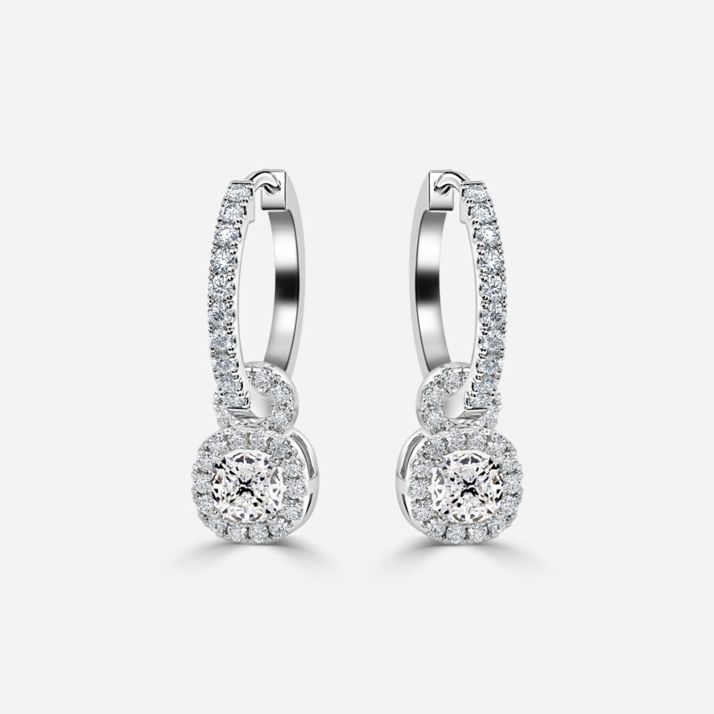 Halo Drop Cushion Earring In White Gold