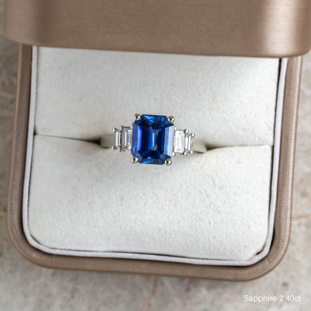 Emerald Cut Lab Grown Blue Sapphire Engagement Ring 10ct