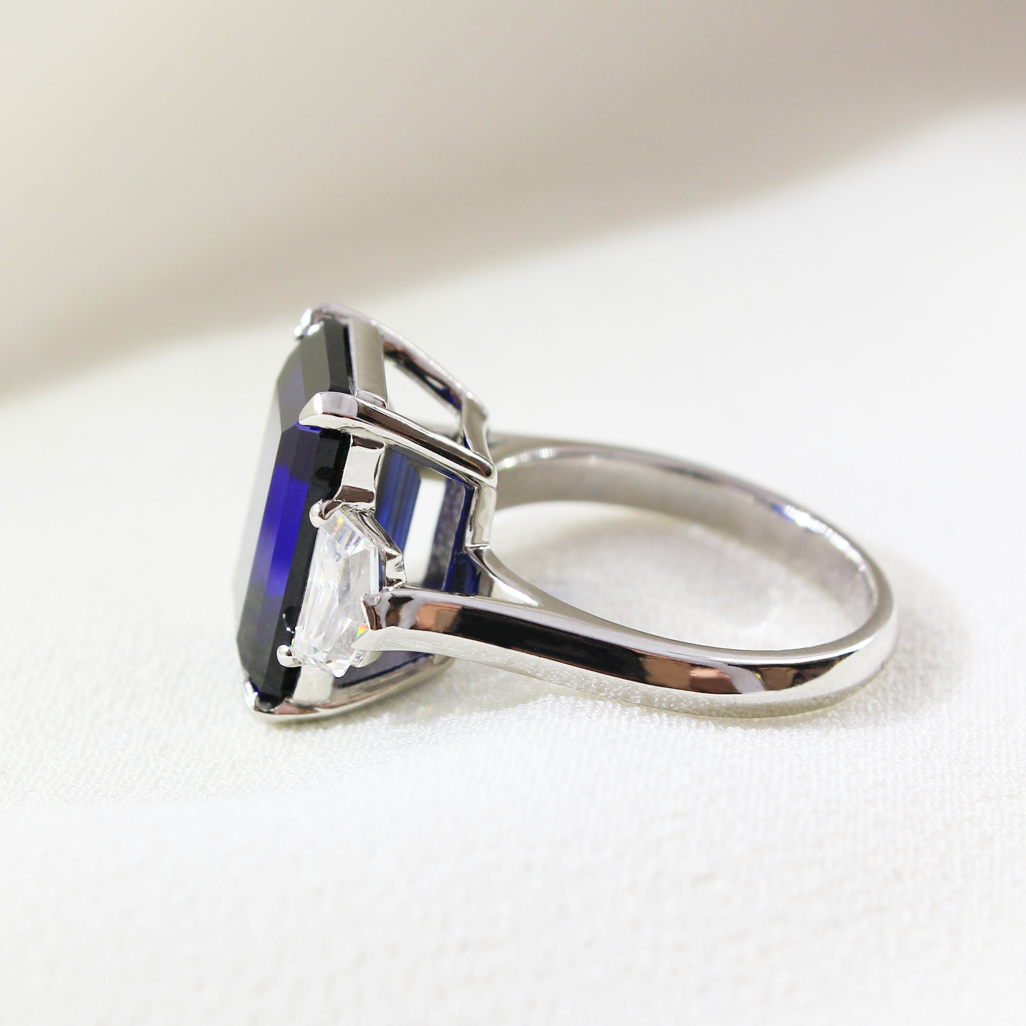 Emerald Cut Lab Grown Blue Sapphire Engagement Ring 10ct