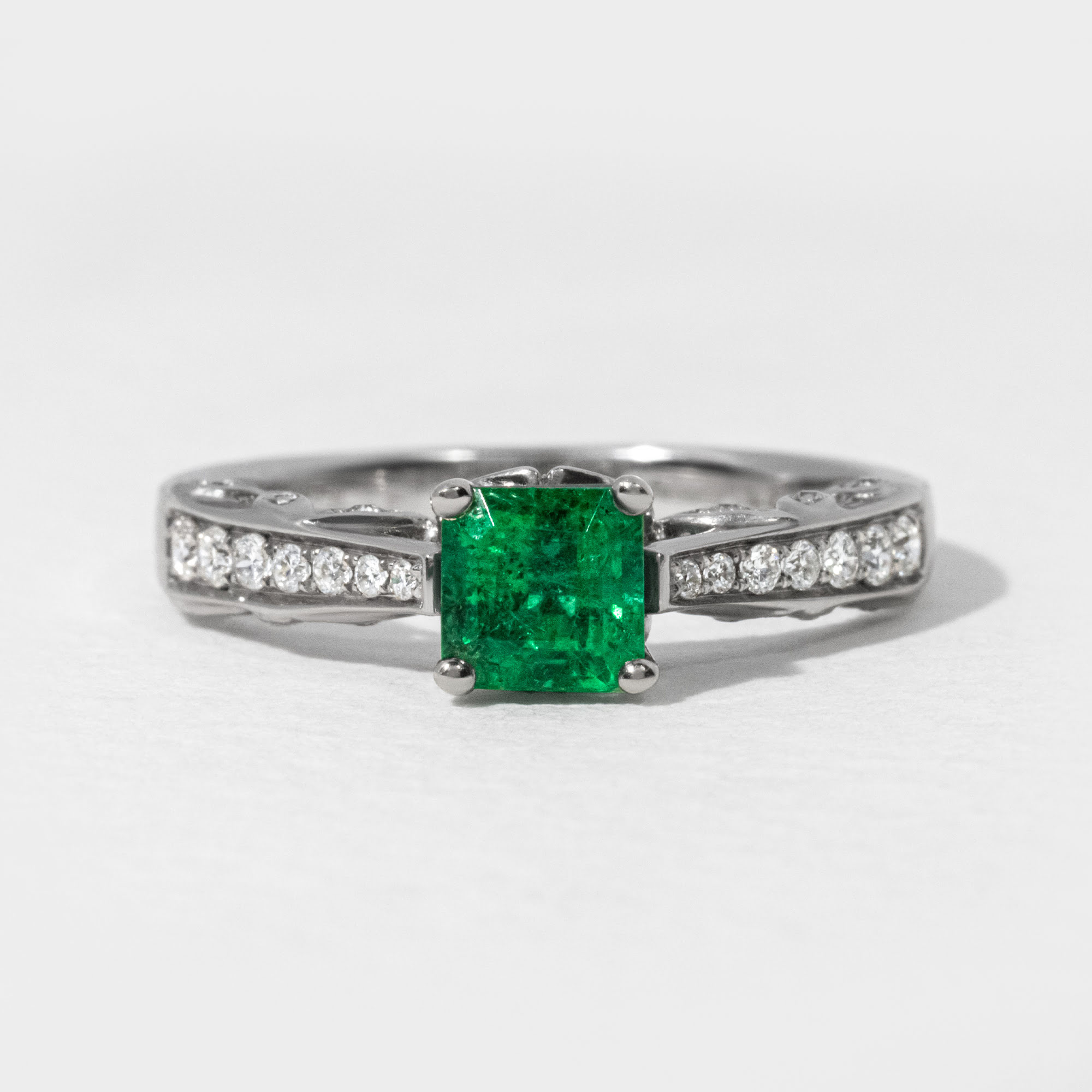 Asscher Zambian Emerald Pave Set Engagement Ring