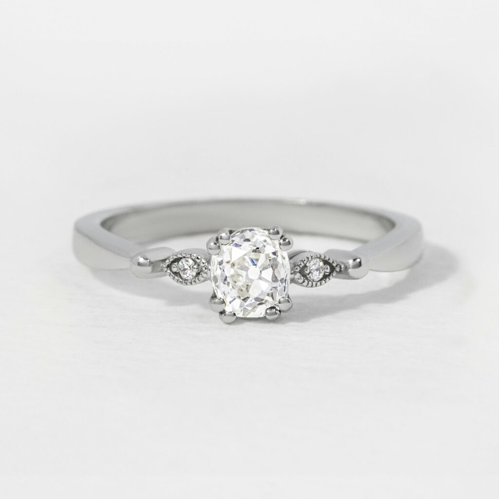 Cushion Diamond Milgrain Trilogy Engagement Ring In Platinum 0.50ct
