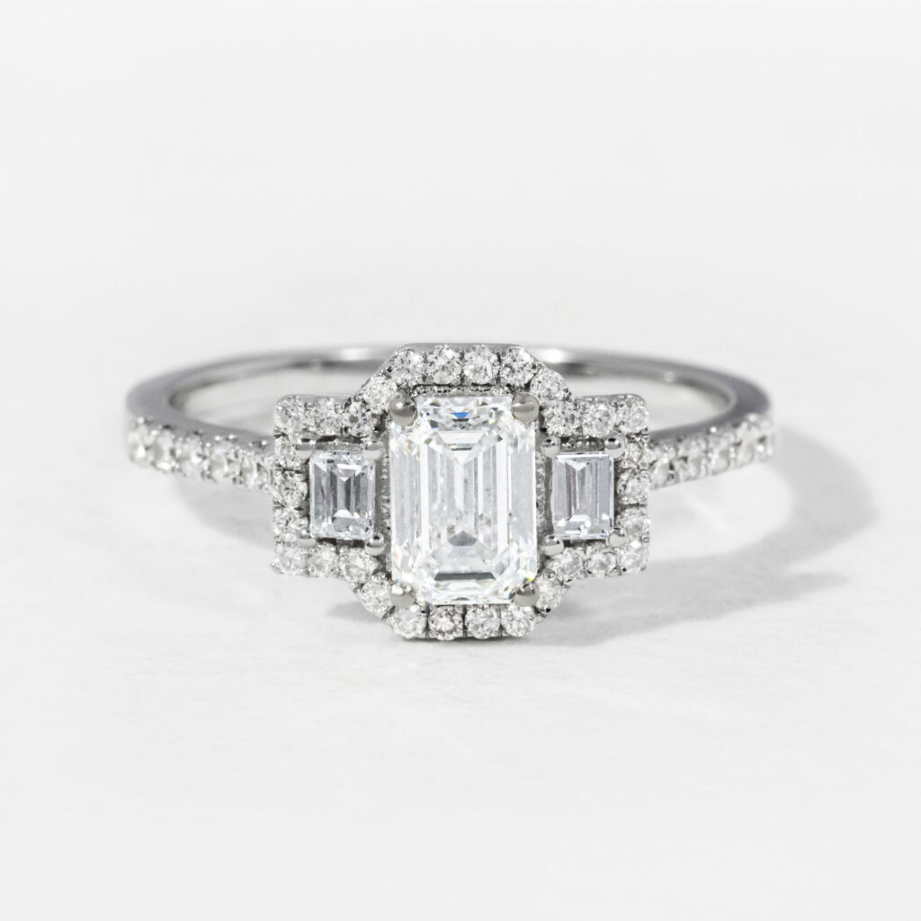 Three Stone Emerald Diamond Engagement Ring