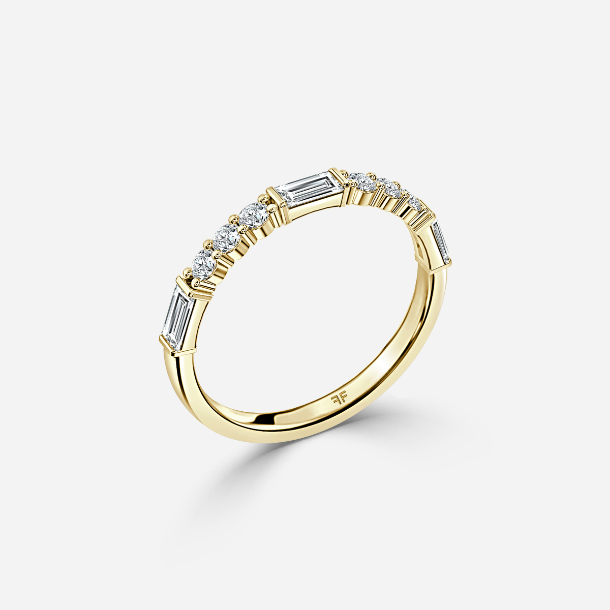 Round And Baguette Diamond Cut Half Eternity Ring In Yellow Gold