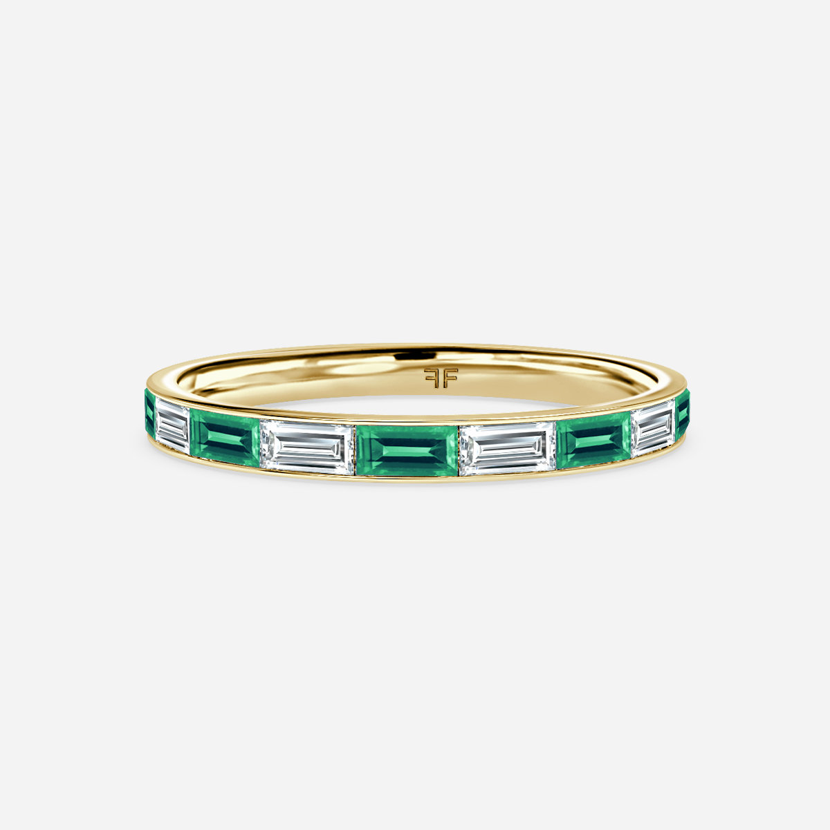 Baguette Cut Emerald And Diamond Wedding Ring In Yellow Gold