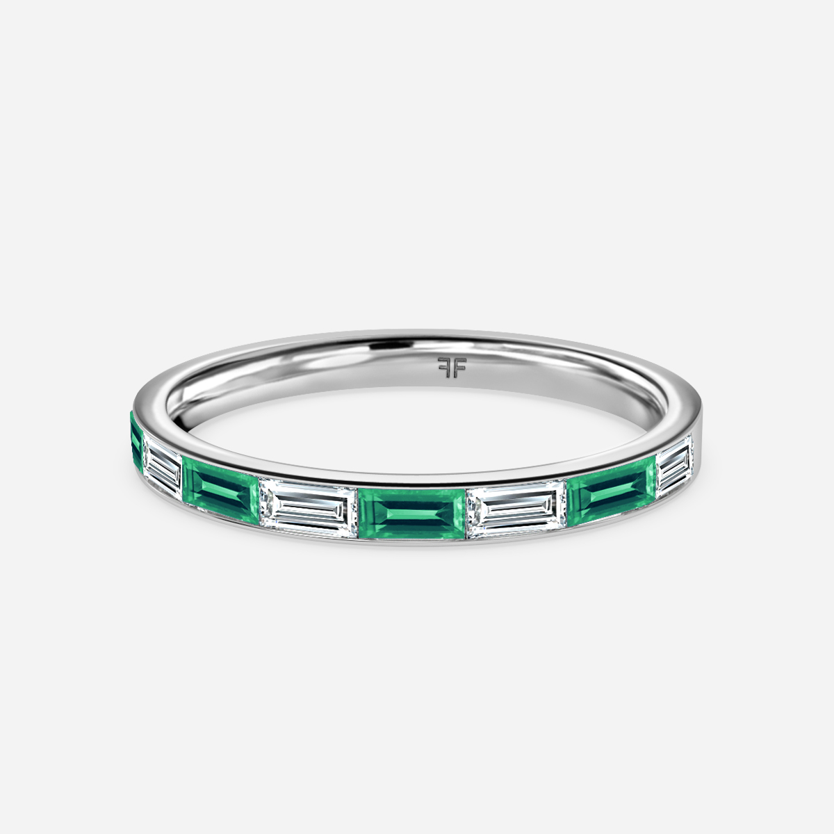 Green Emerald And Baguette Diamond White Gold Wedding Ring