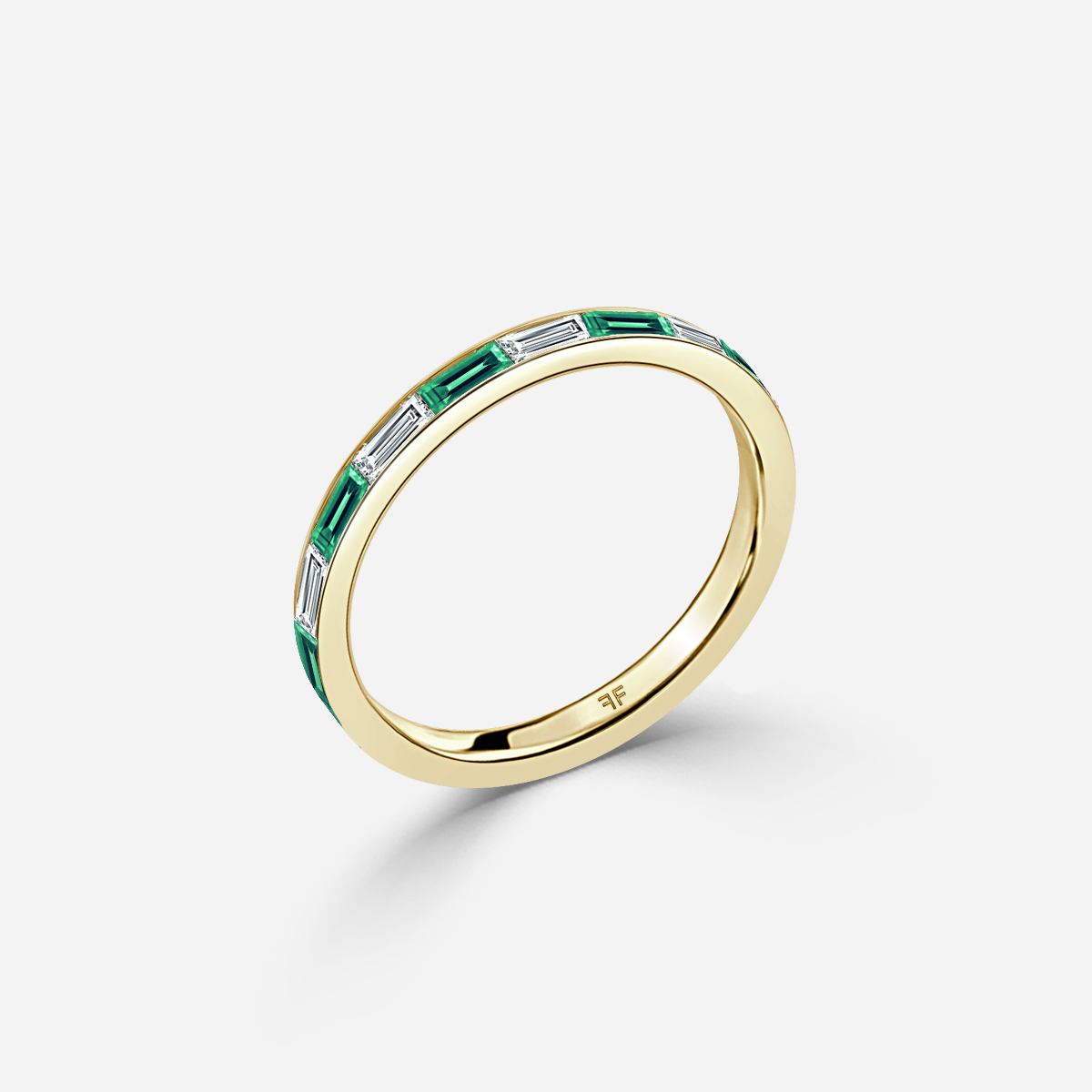 Baguette Cut Emerald And Diamond Wedding Ring In Yellow Gold