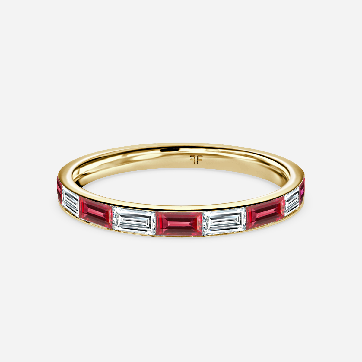 Baguette Cut Ruby And Diamond Wedding Ring In Yellow Gold