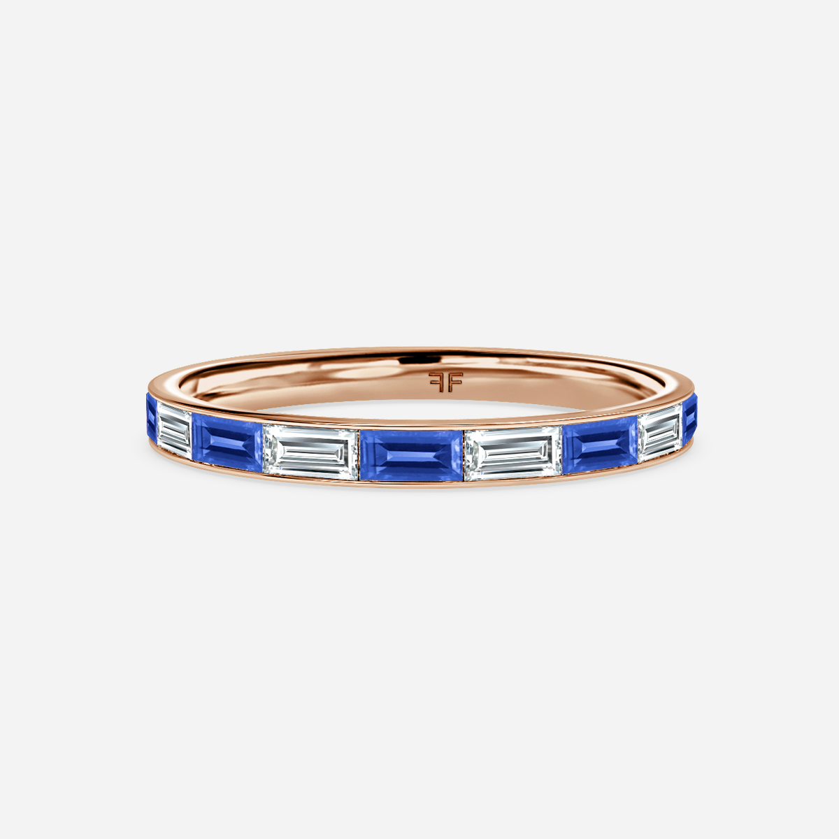 Baguette Cut Sapphire And Diamond Wedding Ring In Rose Gold