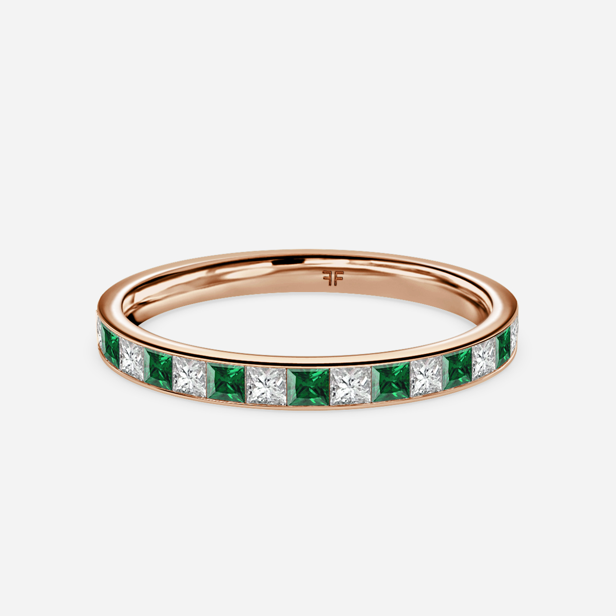 Princess Cut Emerald And Diamond Wedding Ring In Rose Gold