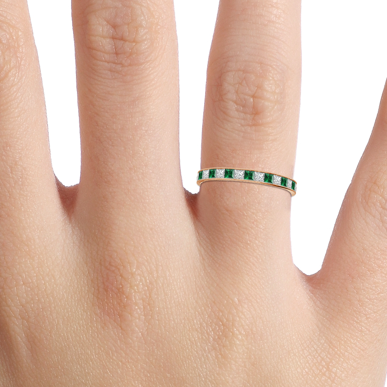Princess Cut Emerald And Diamond Wedding Ring In Rose Gold