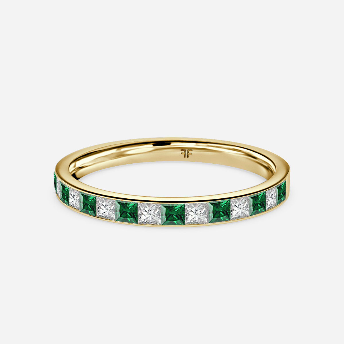 Princess Cut Emerald And Diamond Yellow Gold Wedding Ring