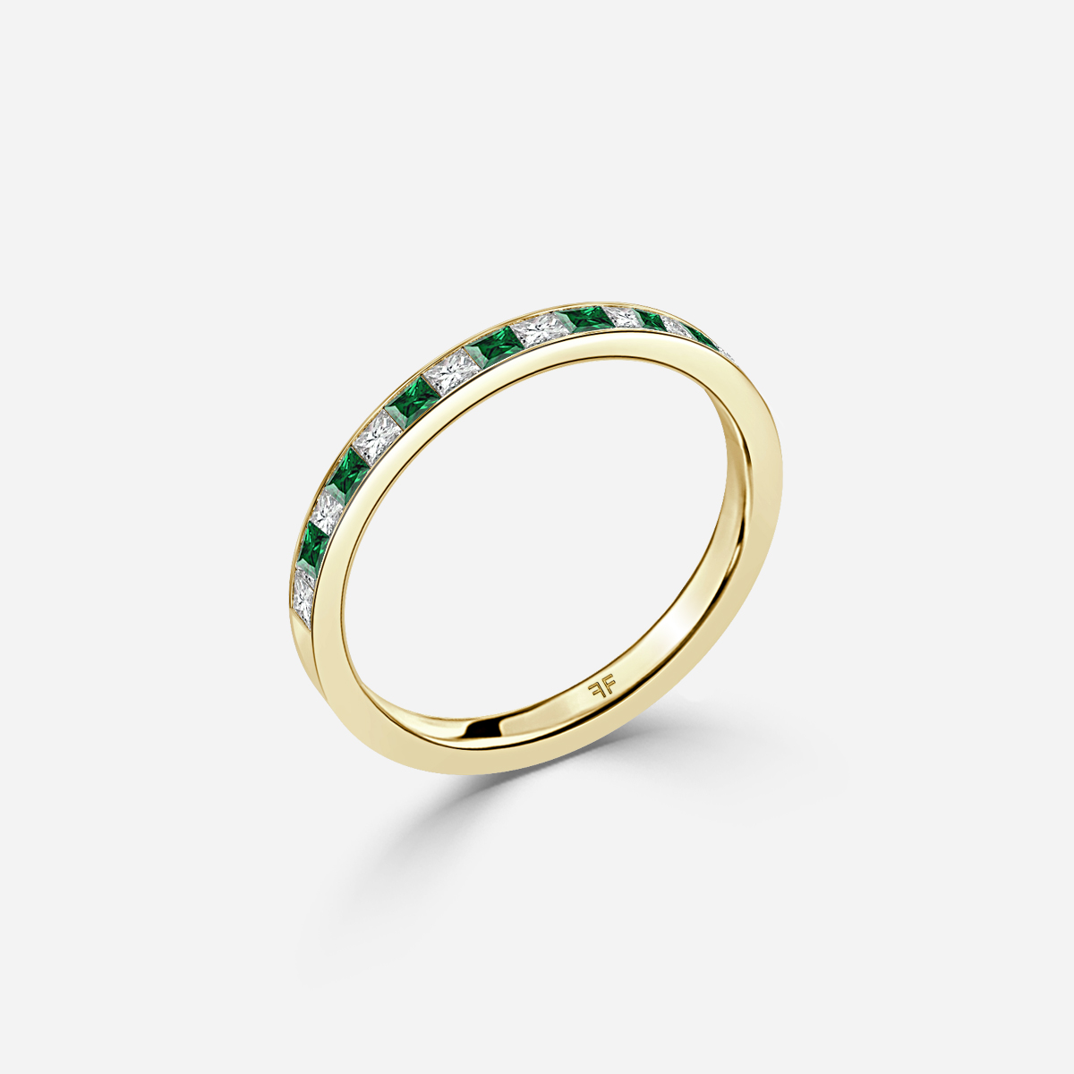 Princess Cut Emerald And Diamond Yellow Gold Wedding Ring