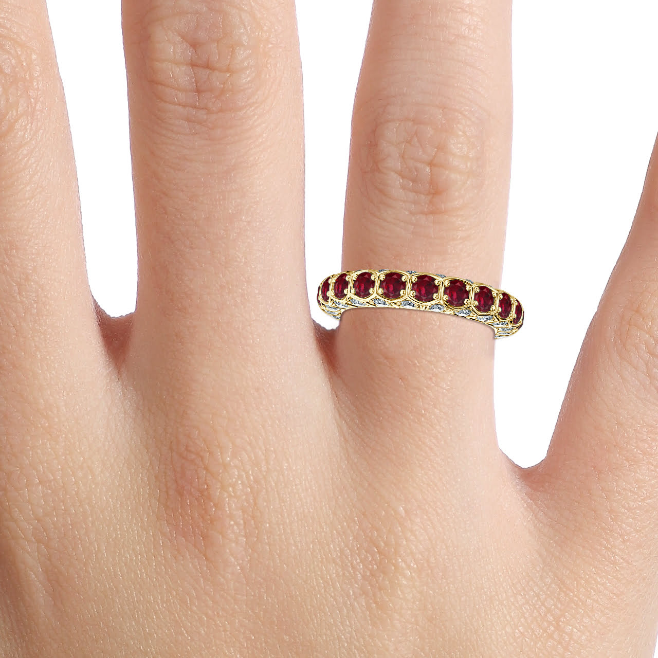 Hexa Ruby and Diamond Eternity Ring In Yellow Gold