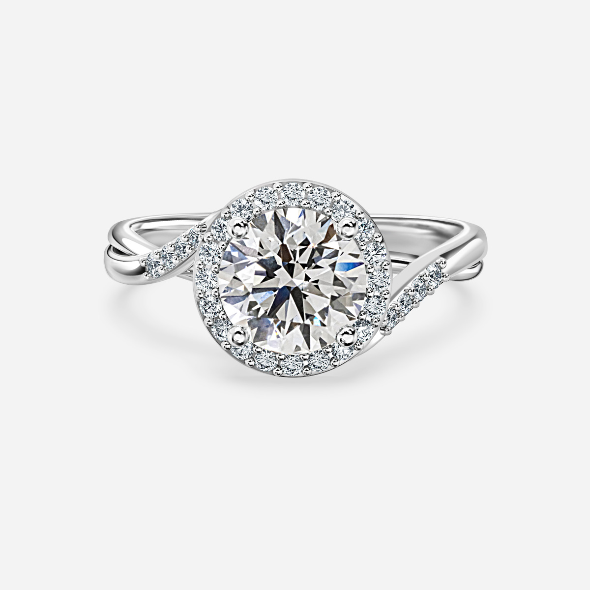 Twisted halo clearance engagement ring