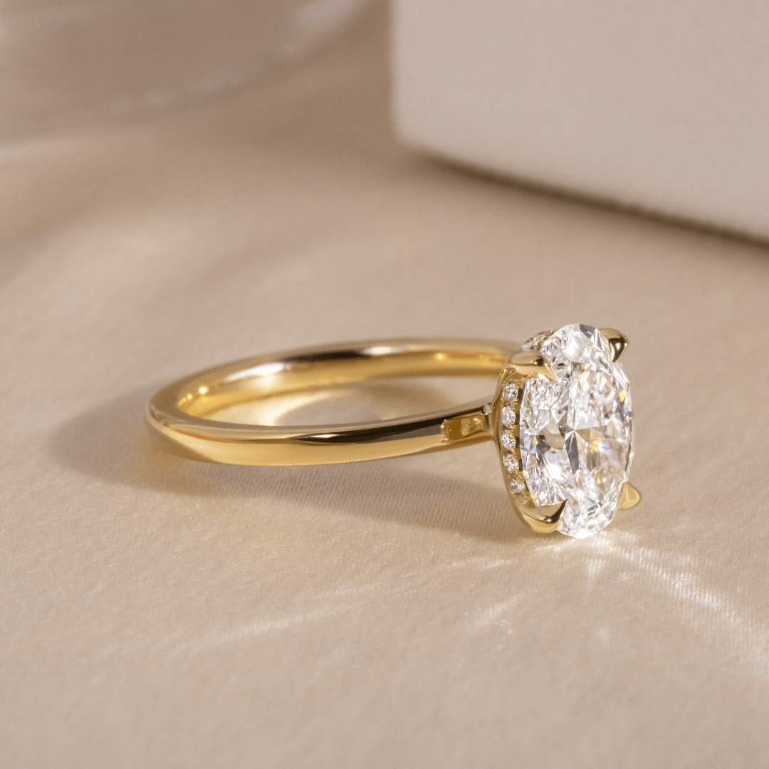 2 Carat Lab Grown Oval Cut Diamond Yellow Gold Kate Hidden Halo Engagement Ring Flawless Fine 9537