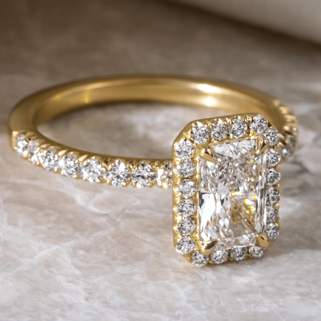 0.90ct Lab Grown Radiant Yellow Gold Ayla Halo Engagement Ring