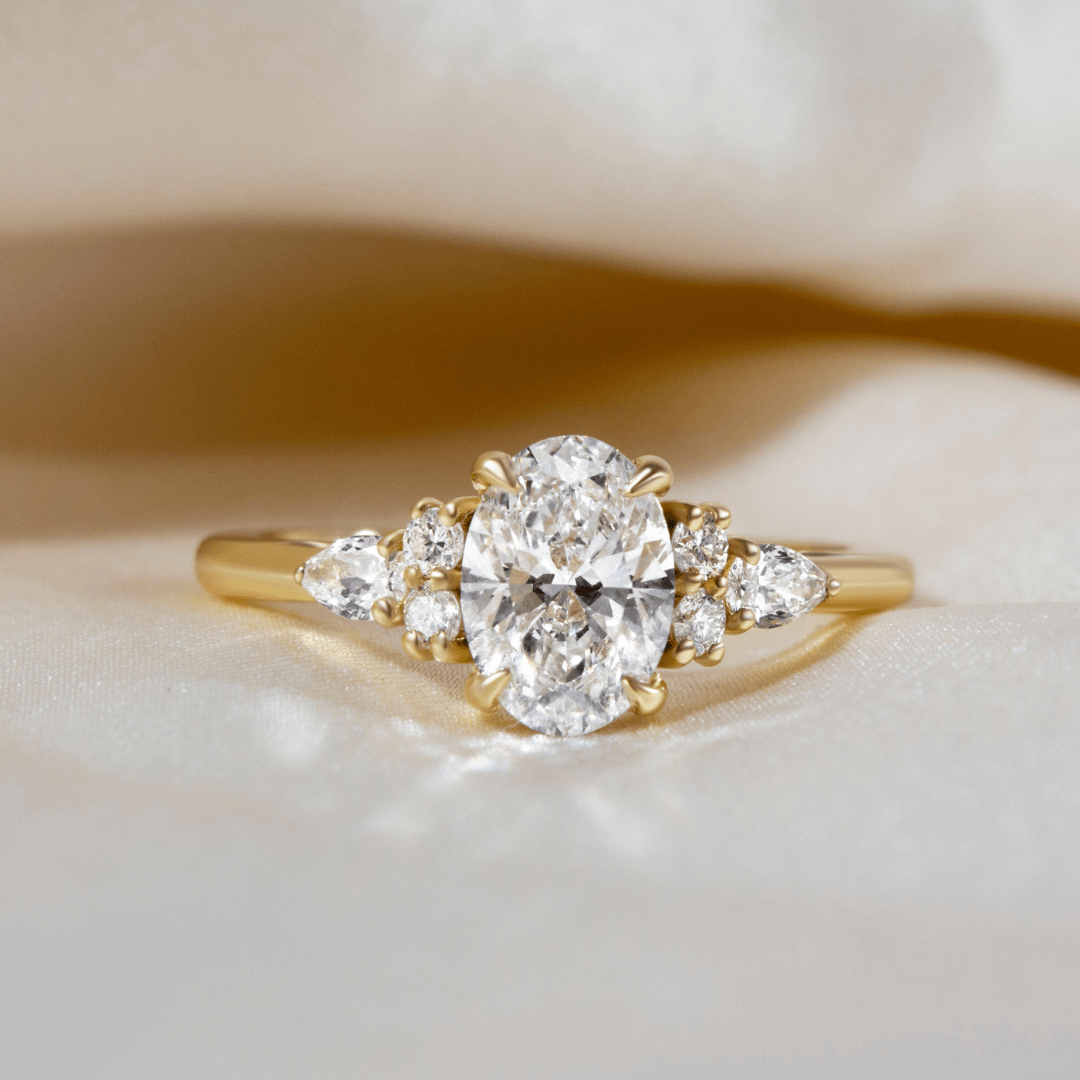1.10ct Lab Grown Oval Yellow Gold Nanami Trilogy Engagment Ring