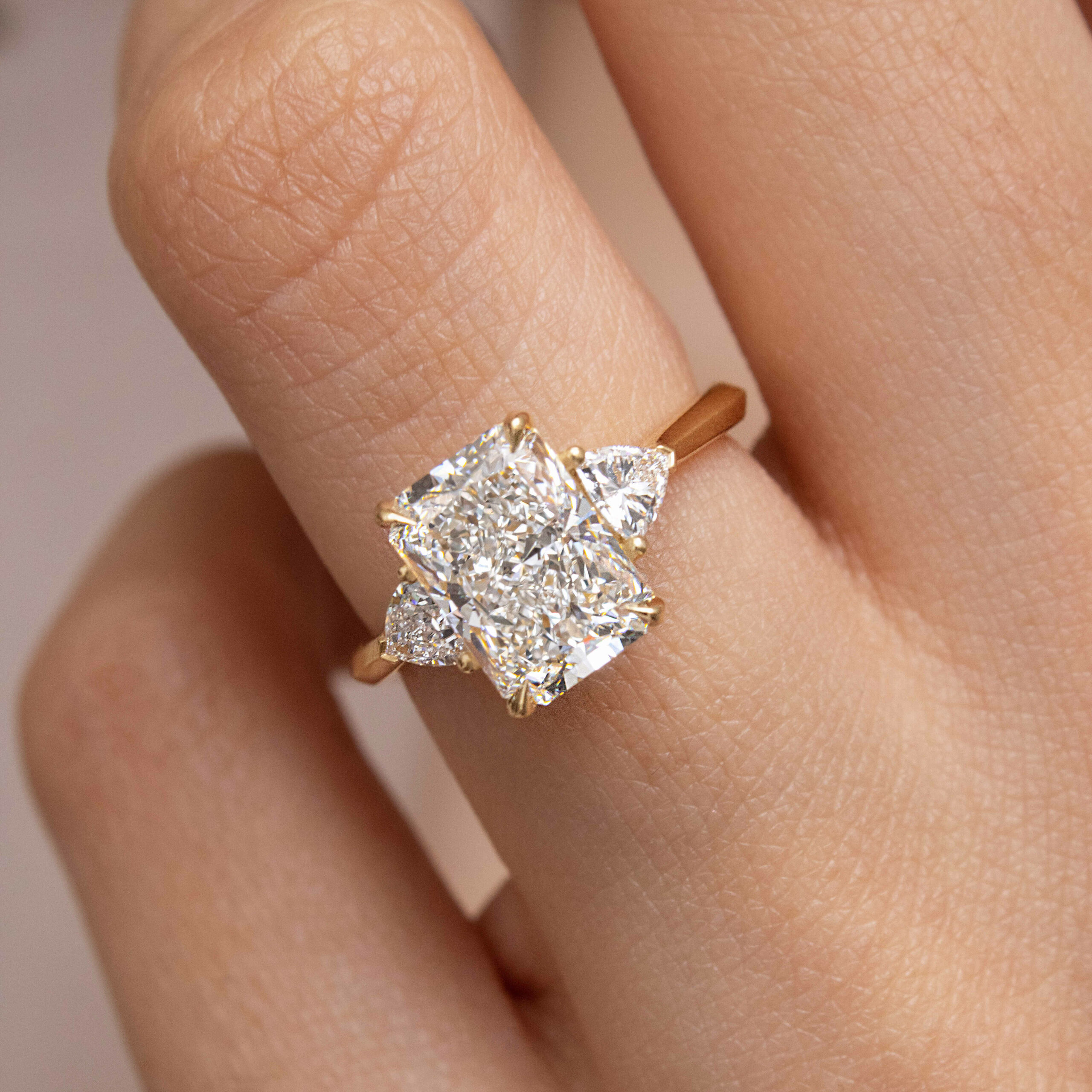 Manilla Yellow Gold Trilogy Engagement Ring Radiant Lab Diamond