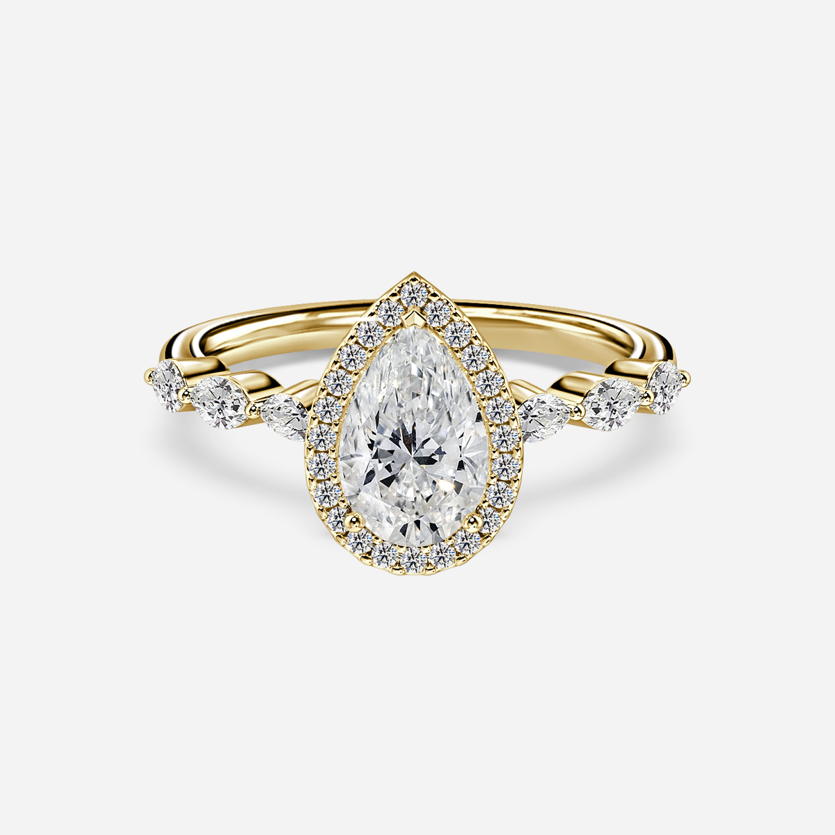 Zia Shared Prong Marquise Band Yellow Gold Halo Engagement Ring