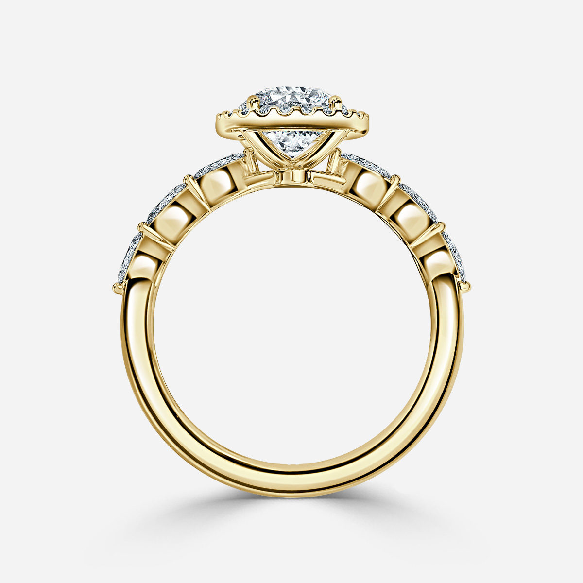 Zia Shared Prong Marquise Band Yellow Gold Halo Engagement Ring