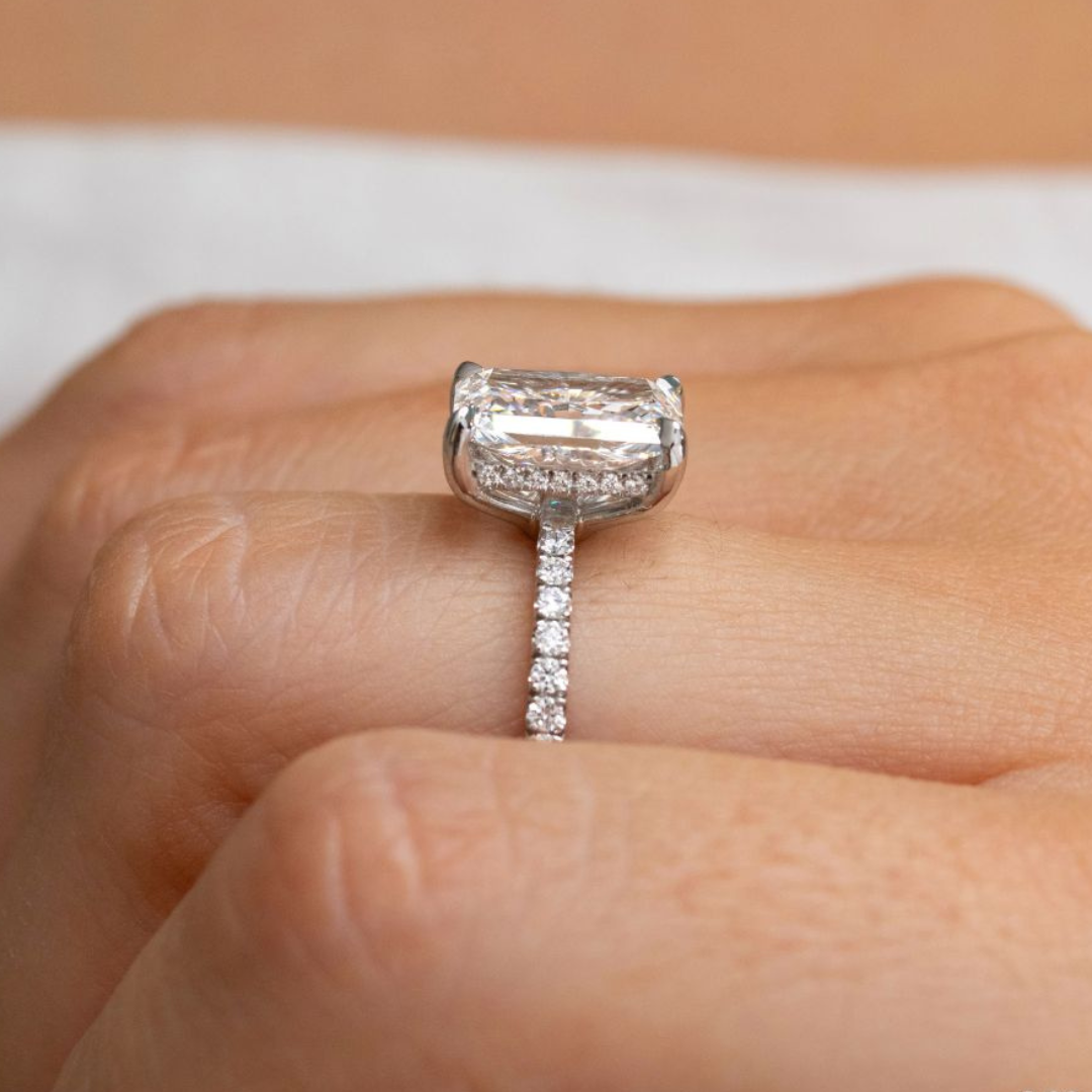 Hidden Halo Carat Emerald Cut Diamond Ring With Halo Three Stone