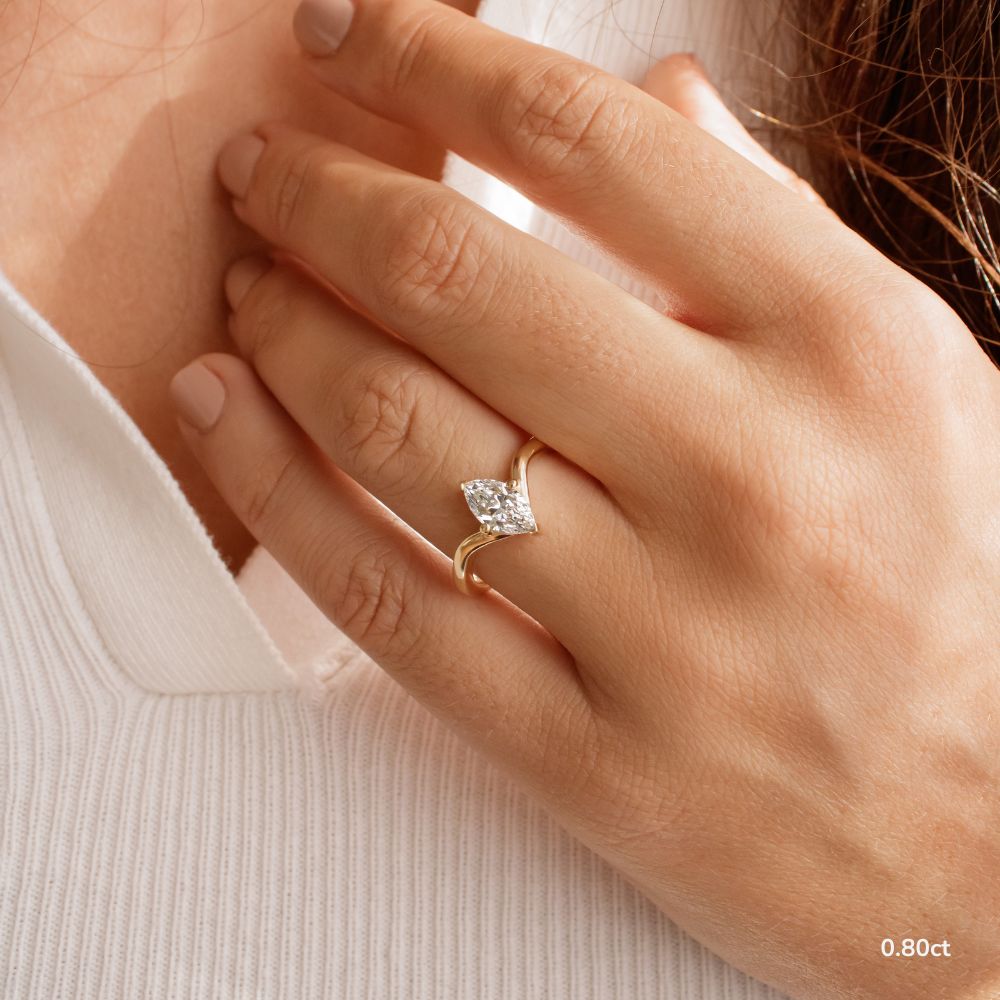 Ferre V Shaped Marquise Yellow Gold Solitaire Engagement Ring